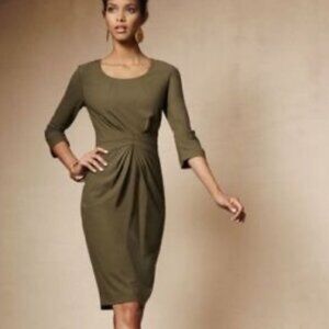 Lafayette 148 Women’s Army Green Long Sleeve Pleated Front Sheath Dress Size 4